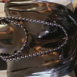 Monet Navy Bead Single Strand & Gold Tone  Necklace 27" Long .
